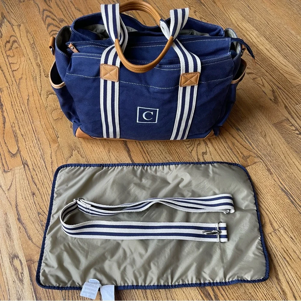 Pottery Barn Classic Diaper Bag with Leather Handles and Trim Monogram C Navy